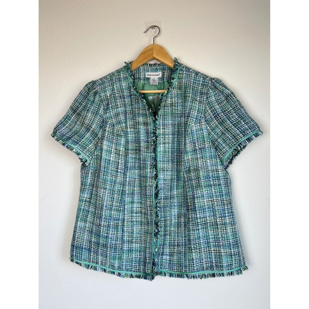 Jessica London Tweed Jacket Sz 14 Blue Green‎ Fringe Career Old Money Elegant